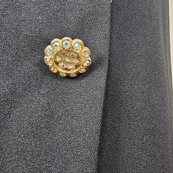 Vintage Neiman Marcus black faux wrap dress rhinestone button ruffle sleeves 10 - Picture 5 of 11